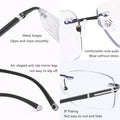 Diamond Edge Frameless Glasses – Blue Light Blocking Clear Readers for Men & Women. Lightweight Metal Temple Decor, Ideal for Gaming, Office, or Street Style.